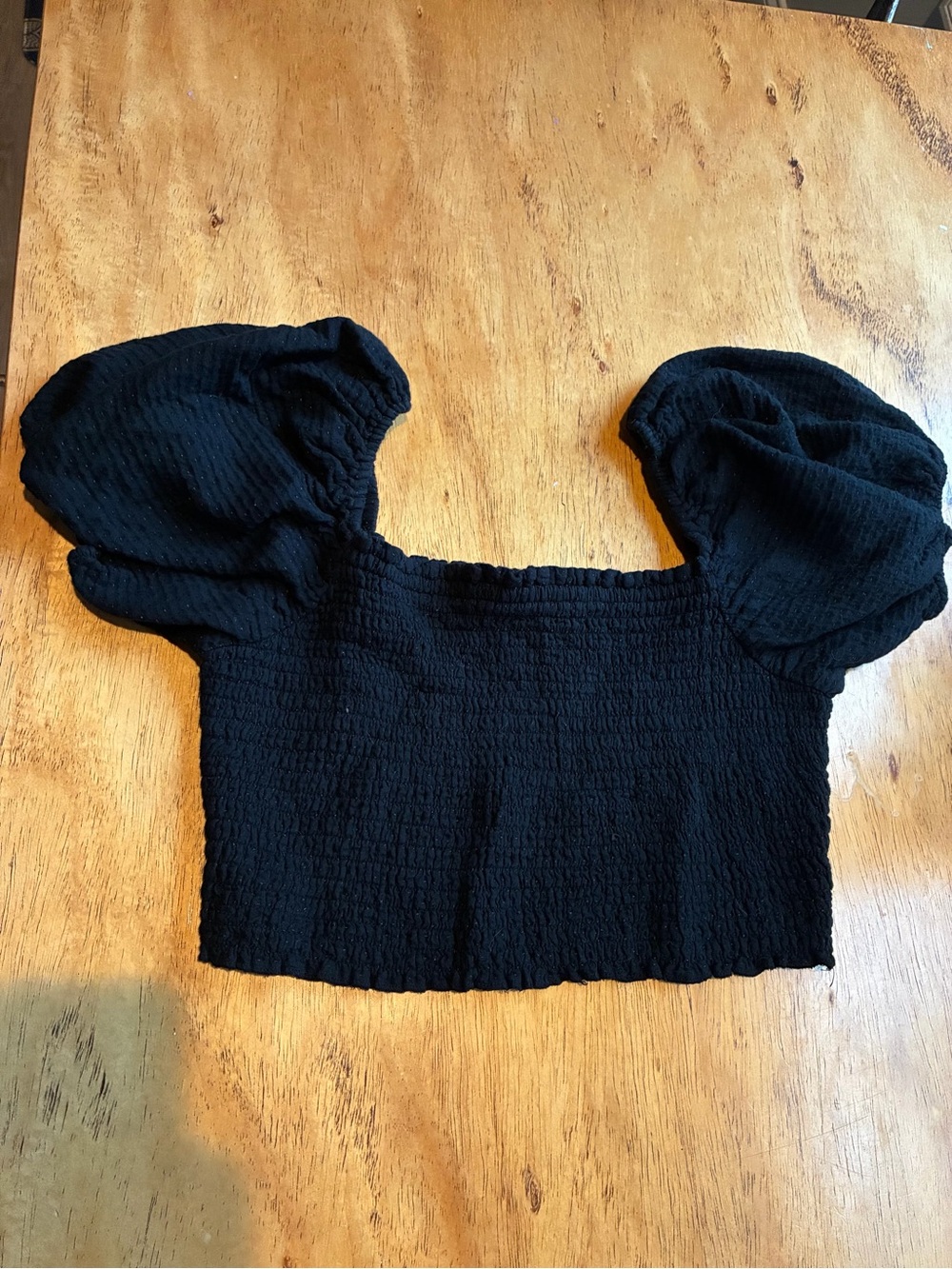 Wild Fable Black Smocked Puff Sleeve Crop Top